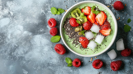 A vibrant smoothie bowl topped with fresh fruits, chia seeds, and mint. Perfect for a nutritious breakfast or a refreshing snack option.の素材