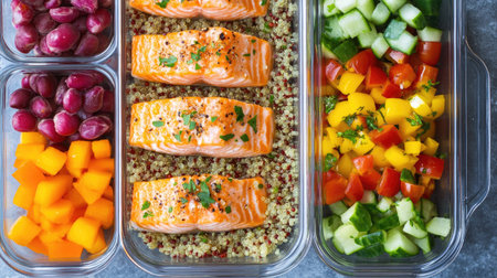 This vibrant meal prep showcases salmon fillets resting on quinoa, surrounded by fresh vegetables. Perfect for healthy eating and meal planning.の素材
