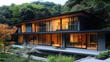 A modern home nestled in nature, beautifully illuminated at twilight. The sleek design features large windows that frame stunning views of the surrounding greenery.の素材