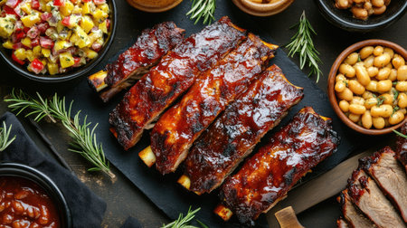Mouthwatering BBQ ribs artfully arranged with vibrant sides, showcasing rich colors and textures. Perfect for summer gatherings or casual dining occasions.の素材