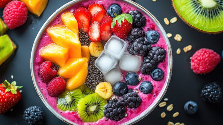 A vibrant bowl filled with a smoothie base and topped with fresh fruits, showcasing colors and textures perfect for a refreshing snack or breakfast.の素材