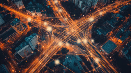 Aerial night view of a busy city intersection showcasing vibrant light trails created by moving vehicles. The image captures the dynamic energy of urban life.の素材