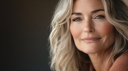 A stunning portrait of a confident woman with beautiful hair, exuding elegance and serenity. Soft lighting highlights her natural beauty and warm expression.の素材