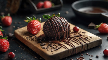 A decadent chocolate drizzled strawberry sits on a rustic wooden board, surrounded by fresh berries, creating an inviting and appetizing presentation.の素材