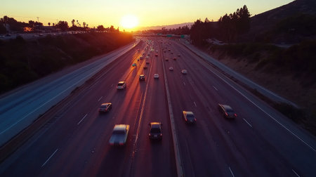 A stunning aerial view of a busy highway during sunset, showcasing cars in motion against a backdrop of vibrant colors in the sky. Ideal for travel themes.の素材