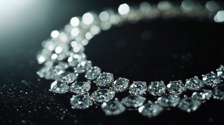 Close-up view of an elegant diamond necklace showcasing its sparkling details against a dark background, highlighting luxury and beauty.の素材