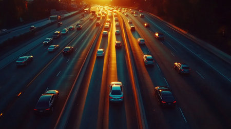 A stunning sunset casts a warm glow over a busy highway filled with moving vehicles. This vibrant scene captures the essence of urban life and travel.の素材