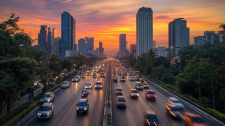 A vibrant sunset casts a warm glow over a busy highway, showcasing the dynamic movement of traffic and the silhouette of modern skyscrapers in the background.の素材