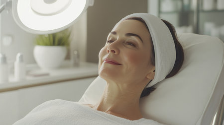 A woman enjoys a relaxing facial treatment in a serene spa environment. The soft lighting and calm ambiance create a perfect setting for skincare and self-care.の素材