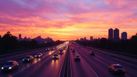 A breathtaking view of an urban highway at sunset, featuring vibrant colors in the sky. Cars travel on the road, creating a lively evening atmosphere in the city.の素材