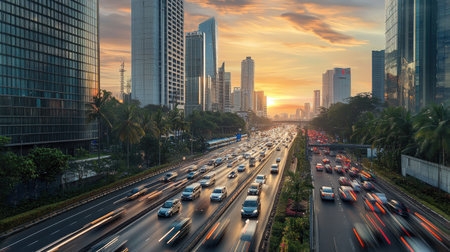 A vibrant urban sunset illuminates a busy city highway filled with moving traffic. Skyscrapers and palm trees frame this dynamic evening scene.の素材