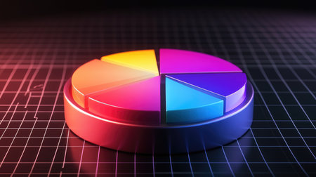 A vibrant pie chart showcasing various colors on a sleek geometric background. Ideal for data visualization, presentations, and creative projects.の素材