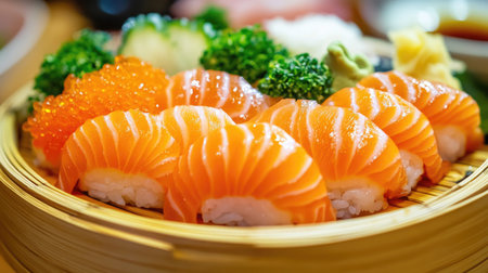 A vibrant display of fresh salmon sushi arranged on a bamboo platter, showcasing the delicate texture and colors of this popular Japanese dish. Perfect for culinary art lovers and food enthusiasts.の素材