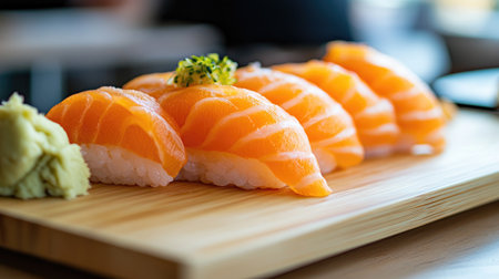 A beautifully arranged platter of fresh salmon sushi served on a wooden plate, showcasing the vibrant colors and delicate textures of this popular Japanese dish.の素材