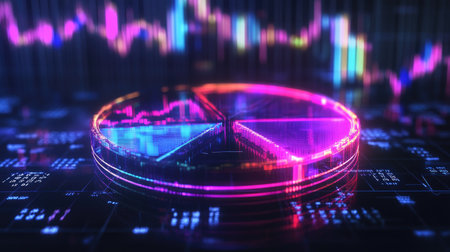 A vibrant pie chart with glowing elements on a digital background, ideal for representing data analysis, finance trends, and modern analytics concepts.の素材