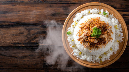 A tantalizing view of fluffy rice topped with crispy fried chicken, garnished with parsley on a rustic wooden table, perfect for culinary inspiration.の素材