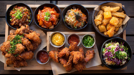 A vibrant display featuring crispy fried chicken alongside an array of assorted side dishes and sauces, perfect for showcasing culinary delight and sharing.の素材