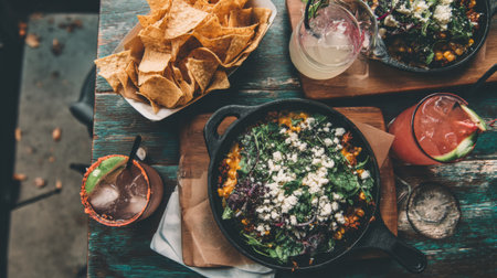 Enjoy a colorful spread featuring vibrant dishes and refreshing drinks, perfect for sharing with friends and family in a cozy dining atmosphere.の素材