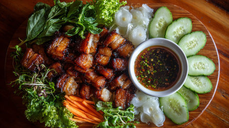 This image showcases a vibrant Vietnamese meal featuring perfectly grilled pork, fresh veggies, rice noodles, and a spicy dipping sauce, perfect for sharing.の素材