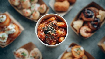 A vibrant arrangement of Korean street food featuring tteokbokki in a bowl surrounded by an assortment of appetizing snacks on a rustic table.の素材