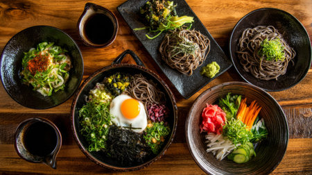 This vibrant arrangement of soba noodles alongside fresh vegetables and a perfectly cooked egg showcases the beauty of Japanese cuisine in a stunning setting.の素材