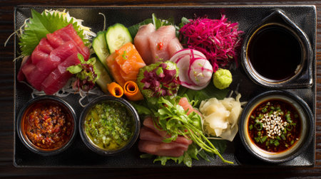 A vibrant sushi platter featuring an array of fresh fish, colorful vegetables, and various sauces, perfect for any gourmet dining experience or culinary presentation.の素材