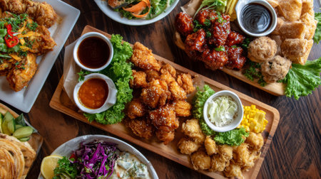 Vibrant and appetizing spread featuring an assortment of fried chicken and appetizers beautifully arranged on a wooden platter, served with fresh vegetables and sauces.の素材