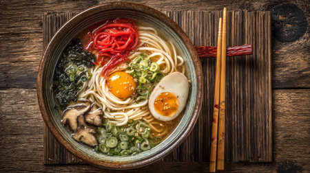 This appetizing bowl of traditional ramen showcases vibrant flavors with soft-boiled egg, fresh herbs, and tender noodles, perfect for food enthusiasts.の素材
