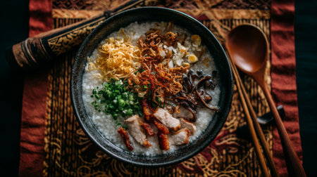 A savory bowl of rice porridge garnished with chicken, shredded pork, scallions, mushrooms, and fried shallots, set against a rich textured fabric backdrop, perfect for food photography.の素材