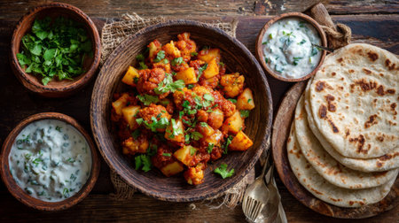 This image showcases a delicious Indian vegetable curry featuring cauliflower and potato, served with soft flatbreads and yogurt. Perfect for food lovers!の素材