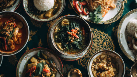 Explore a delightful assortment of traditional Southeast Asian dishes, beautifully presented on intricate plates and a decorative cloth, showcasing vibrant flavors and fresh ingredients.の素材
