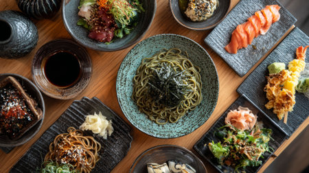 Explore a visually stunning arrangement of traditional Japanese dishes showcasing noodles, seafood, and vibrant side dishes on a wooden table, highlighting culinary artistry.の素材