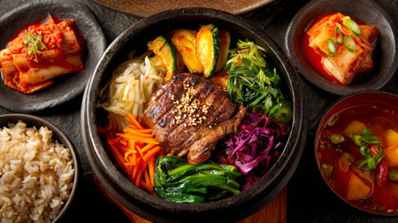 A vibrant Korean bibimbap featuring grilled beef atop a bed of seasoned vegetables and rice, served in a traditional stone bowl for an authentic dining experience.の素材