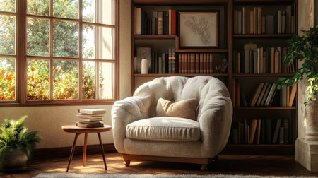 A cozy reading corner featuring a soft chair by a window, illuminated by natural light. A wooden bookshelf filled with books creates a tranquil atmosphere.の素材
