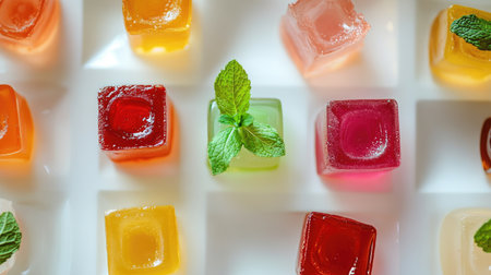 A vibrant arrangement of colorful gelatin cubes garnished with fresh mint, perfect for summer events, parties, or gourmet desserts. Bright and appetizing.の素材