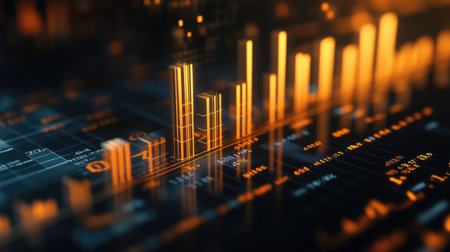 Explore a captivating digital data visualization featuring vibrant orange graphs and charts, ideal for tech and finance-related themes, showcasing trends and analysis.の素材
