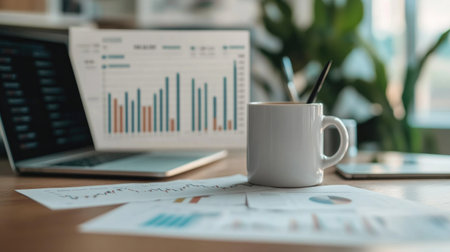 A stylish business workspace featuring a coffee mug, laptop, and documents with data analysis. Ideal for themes of productivity and modern office life.の素材