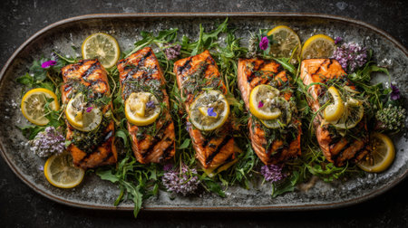 A stunning presentation of grilled salmon fillets garnished with fresh herbs, lemon slices, and edible flowers on a rustic platter, perfect for gourmet dining.の素材