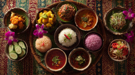 A stunning arrangement of Thai cuisine showcases a variety of dishes filled with fresh ingredients and vibrant colors, presented on a beautiful textile background.の素材