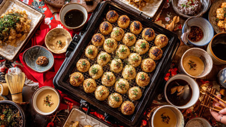 Enjoy a vibrant display of Japanese takoyaki, surrounded by delicious side dishes and traditional tableware, perfect for sharing in a festive dining atmosphere.の素材