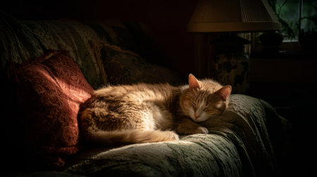 A serene image of a ginger cat sleeping comfortably on a plush couch, bathed in soft, warm light that enhances the cozy atmosphere of the indoor setting.の素材