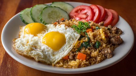 A visually appealing plate featuring fried rice with sunny side up eggs, crisp cucumber slices, and fresh tomato wedges, perfect for a delightful meal.の素材