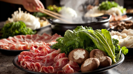 A vibrant assortment of fresh ingredients for a hot pot meal, showcasing slices of meat, colorful vegetables, and mushrooms, exuding warmth and flavor.の素材