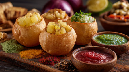 A vibrant selection of Indian street food featuring Pani Puri, surrounded by colorful spices and fresh chutneys on a rustic wooden board, perfect for sharing.の素材