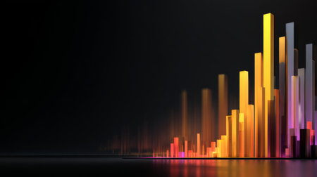 Stunning abstract visualization showcases colorful data bars representing growth and success against a sleek black background, ideal for business and finance themes.の素材