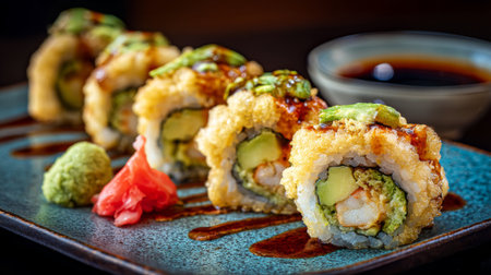 Indulge in these beautifully presented crispy sushi rolls featuring fresh seafood and vibrant toppings, served alongside wasabi and pickled ginger for a flavorful experience.の素材