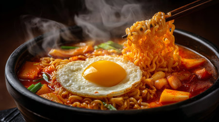 A vibrant bowl of spicy ramen with a perfectly cooked egg, fresh vegetables, and steam rising, embodying the essence of delicious comfort food in traditional cuisine.の素材