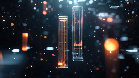 This captivating abstract image features glowing elements floating in dark space, creating a dynamic and futuristic atmosphere perfect for technology and science themes.の素材