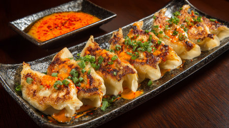 Savor the flavors of pan-fried dumplings with a rich, crispy exterior served alongside a spicy sauce and topped with fresh green onions for a delightful experience.の素材