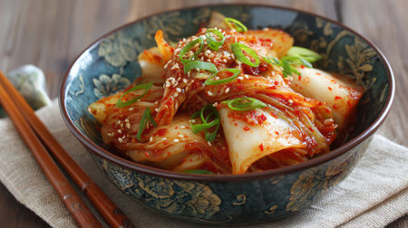 A beautiful bowl of traditional Korean kimchi featuring vibrant colors and rich textures, garnished with green onions and sesame, ideal for Asian cuisine lovers.の素材